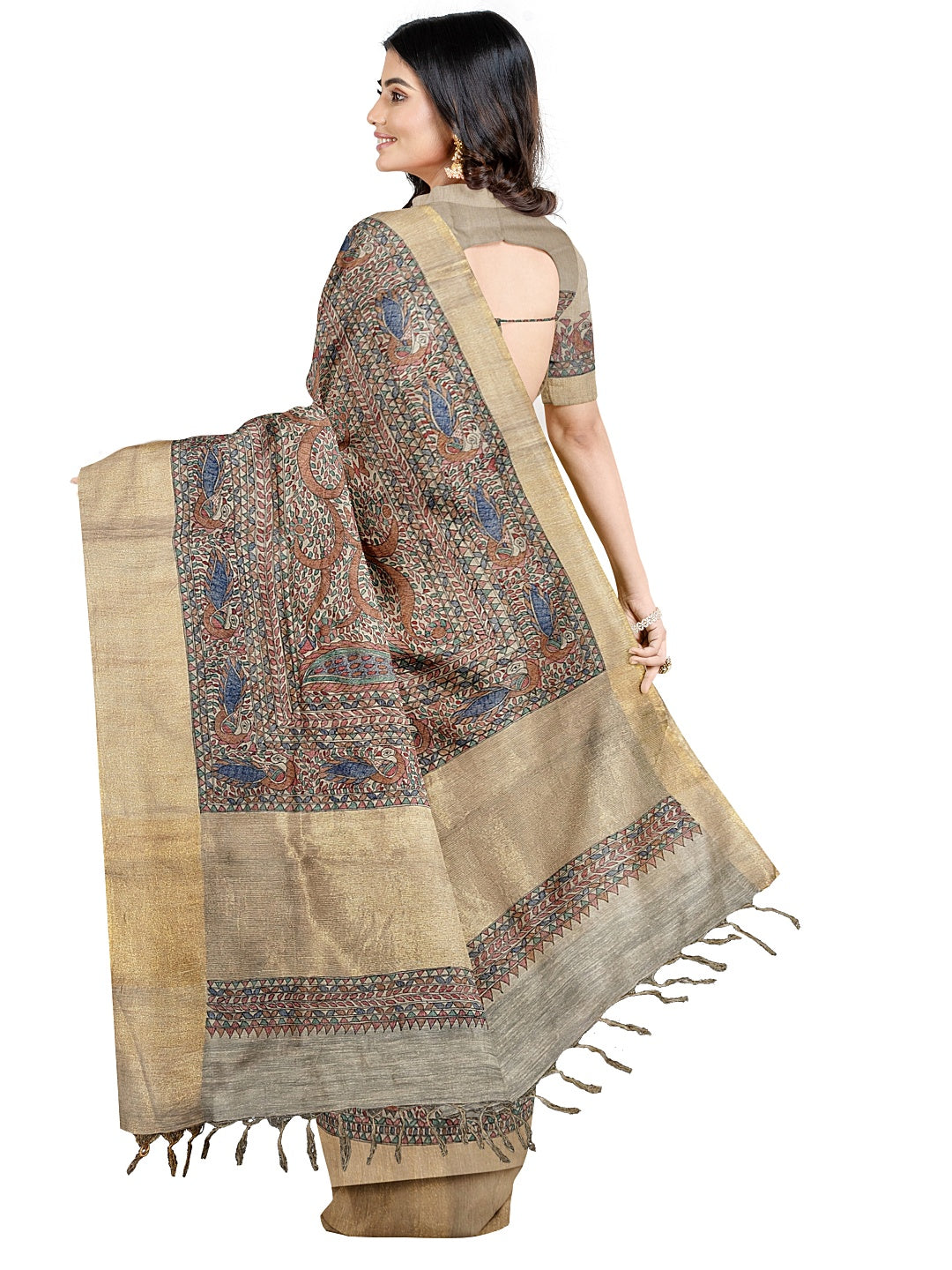 Radha Krishna under the Kadamb Tree – A Divine Melody on Tussar Ghicha Silk